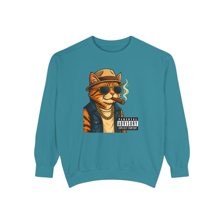 Cool Cat Vintage Sweatshirt with a Black Cat Eating Ramen in a Japanese Ukiyo-e Woodblock Art Style