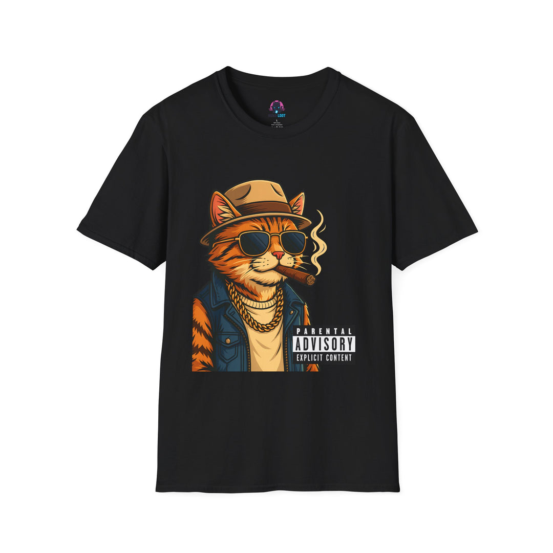 Black T-shirt featuring an orange cat in a hat and sunglasses beside a Parental Advisory label.