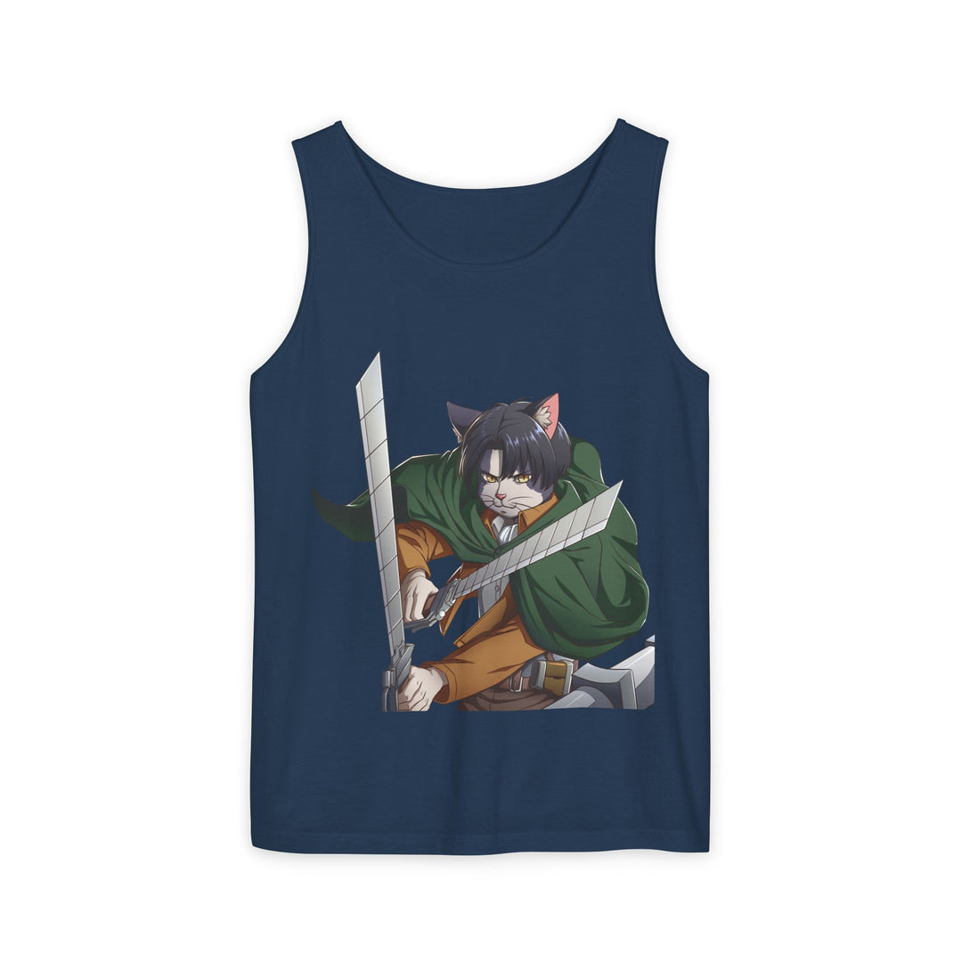Anime Cat Warrior Tank Top, Unisex Graphic Tee, Cute Anime Apparel, Summer Fashion, Gift for Anime Fans