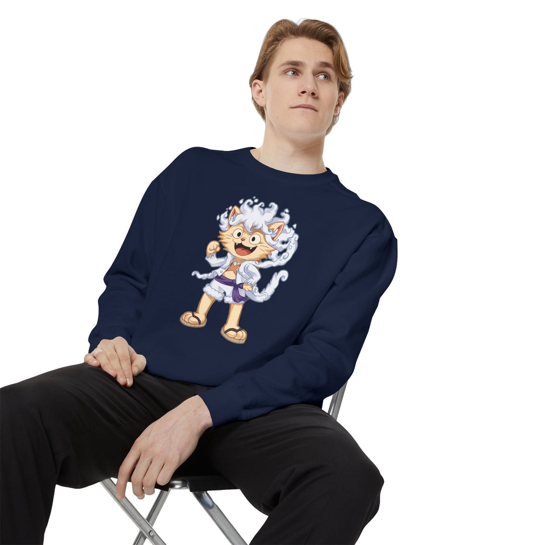 Cute Cat Character Sweatshirt Featuring a Whimsical Feline in a Cheerful Anime Inspired Pose for Fans of Unique Graphics Animal Lover Apparel Fun Fashion Casual Wear