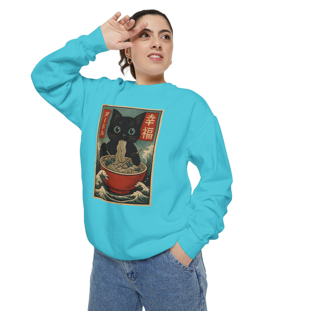Japanese-Inspired Cat Sweatshirt Featuring a Black Cat Eating Ramen in a Classic Ukiyo-e Woodblock Art Style Cozy Unisex Sweater Cute Gift for Cat Lovers Casual Lounge Wear Perfect for Fall