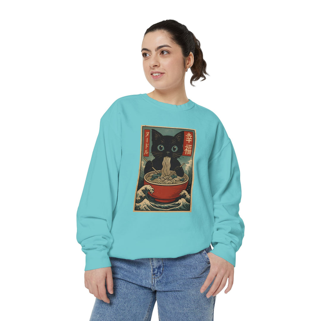 Japanese-Inspired Cat Sweatshirt Featuring a Black Cat Eating Ramen in a Classic Ukiyo-e Woodblock Art Style Cozy Unisex Sweater Cute Gift for Cat Lovers Casual Lounge Wear Perfect for Fall