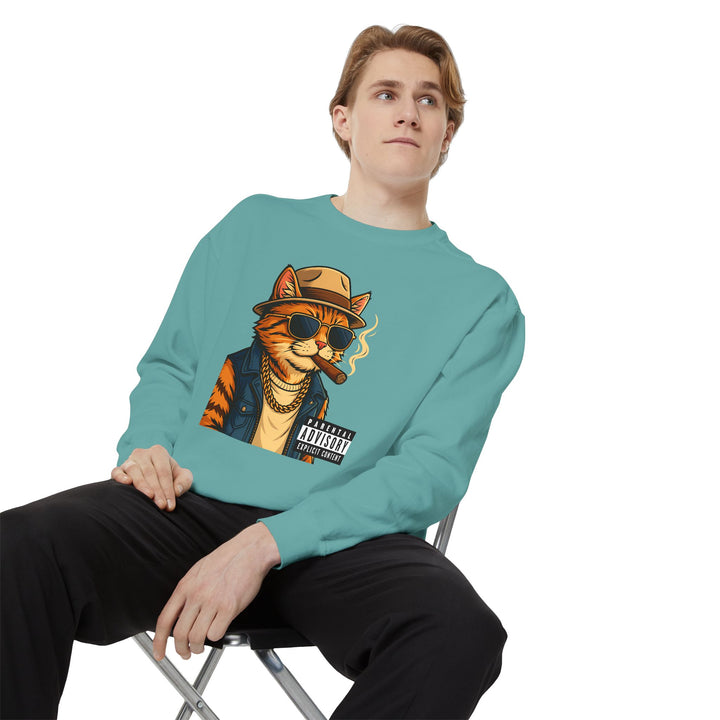 Cool Cat Vintage Sweatshirt with a Black Cat Eating Ramen in a Japanese Ukiyo-e Woodblock Art Style