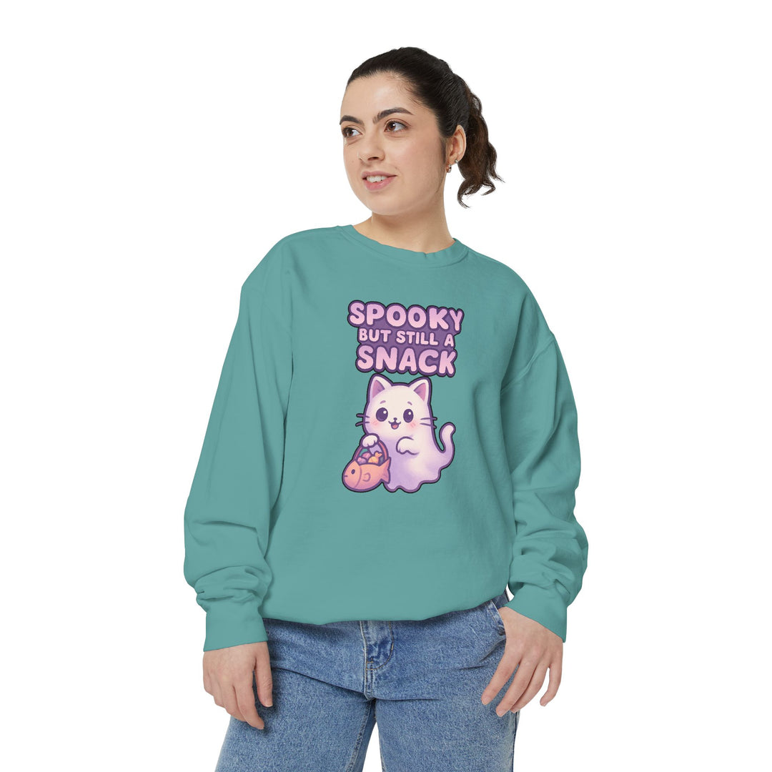 Spooky Snack Sweatshirt Featuring a Cute Ghost Cat Holding a Candy Basket with a Humorous Slogan