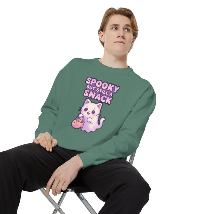 Spooky Snack Sweatshirt Featuring a Cute Ghost Cat Holding a Candy Basket with a Humorous Slogan