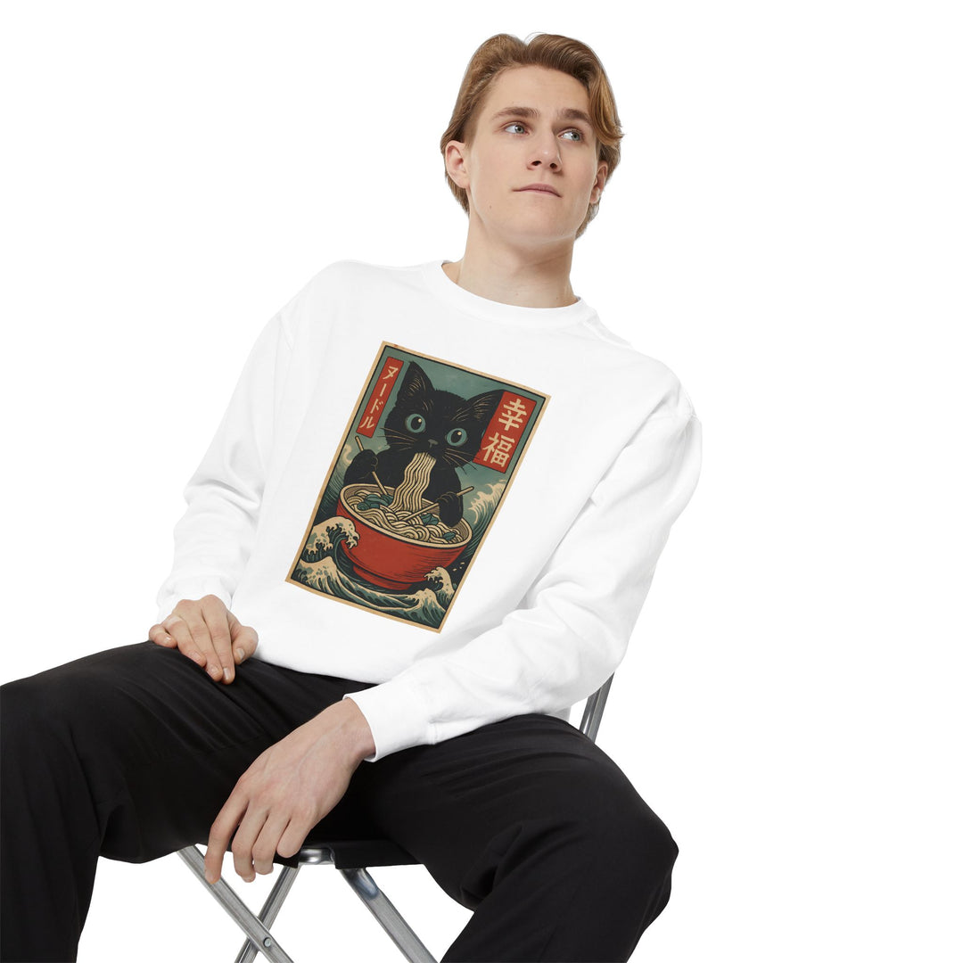 Japanese-Inspired Cat Sweatshirt Featuring a Black Cat Eating Ramen in a Classic Ukiyo-e Woodblock Art Style Cozy Unisex Sweater Cute Gift for Cat Lovers Casual Lounge Wear Perfect for Fall