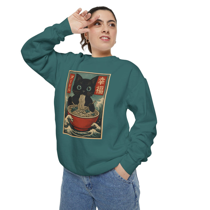 Japanese-Inspired Cat Sweatshirt Featuring a Black Cat Eating Ramen in a Classic Ukiyo-e Woodblock Art Style Cozy Unisex Sweater Cute Gift for Cat Lovers Casual Lounge Wear Perfect for Fall