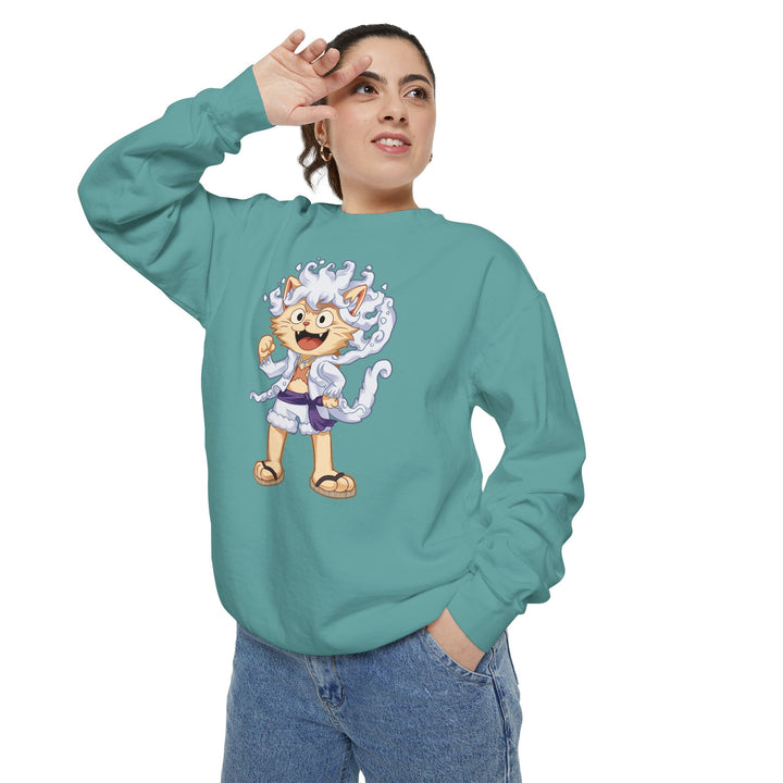 Cute Cat Character Sweatshirt Featuring a Whimsical Feline in a Cheerful Anime Inspired Pose for Fans of Unique Graphics Animal Lover Apparel Fun Fashion Casual Wear