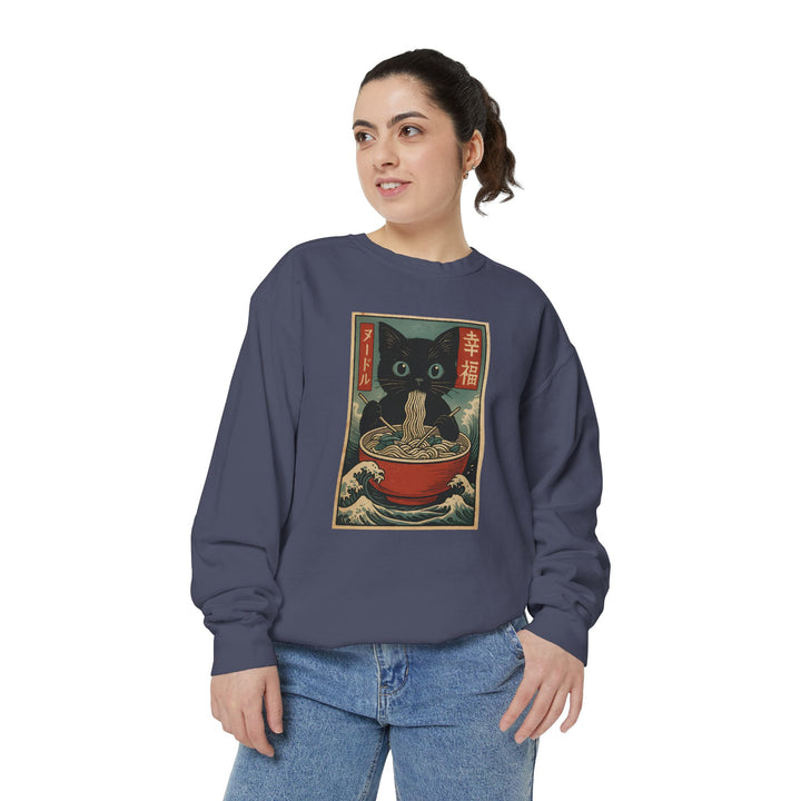 Japanese-Inspired Cat Sweatshirt Featuring a Black Cat Eating Ramen in a Classic Ukiyo-e Woodblock Art Style Cozy Unisex Sweater Cute Gift for Cat Lovers Casual Lounge Wear Perfect for Fall