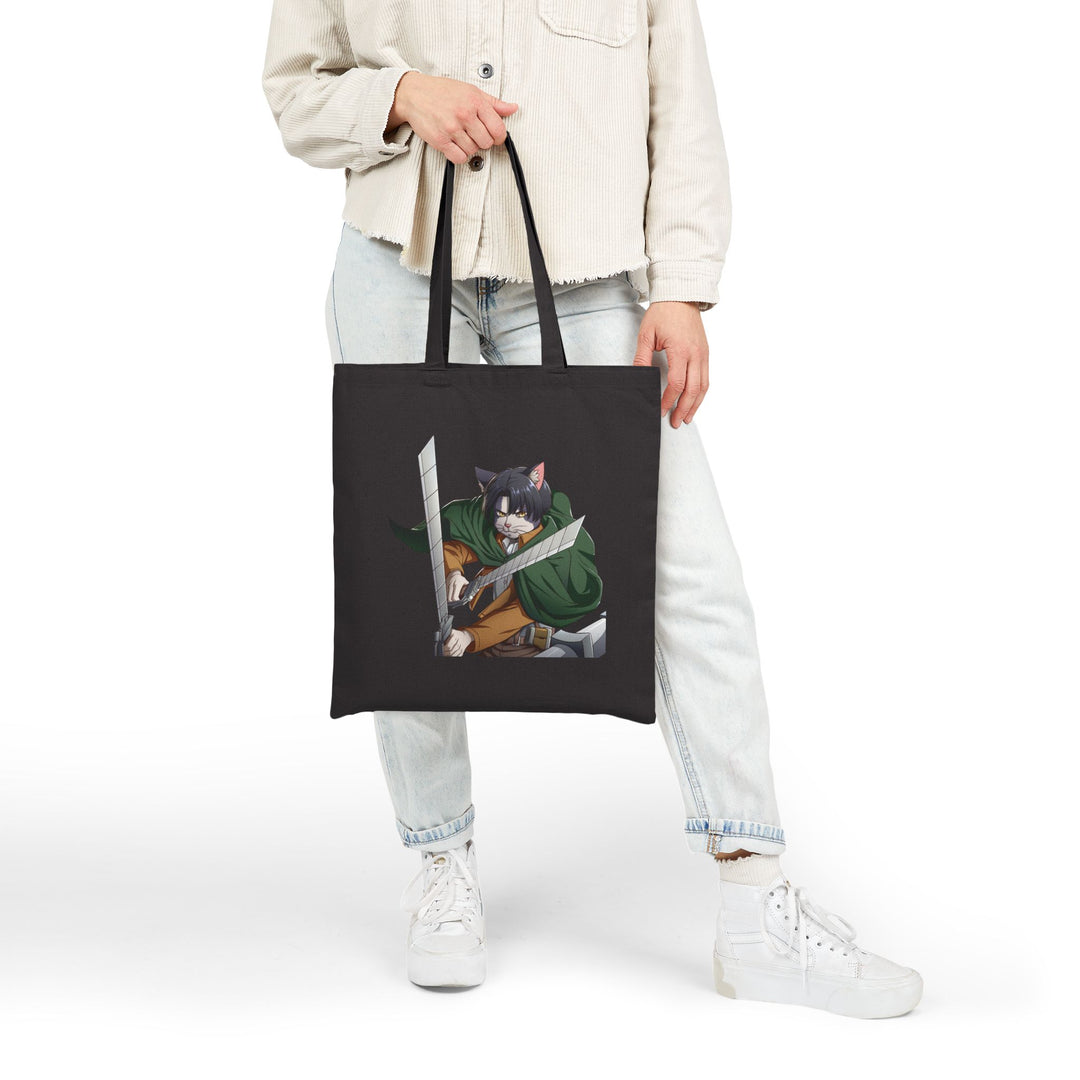 Cute Cat Warrior Cotton Canvas Tote Bag, Eco-Friendly Shopping Tote, Anime Tote, Cute Gift for Pet Lovers, Durable Shoulder Bag
