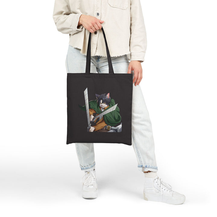 Cute Cat Warrior Cotton Canvas Tote Bag, Eco-Friendly Shopping Tote, Anime Tote, Cute Gift for Pet Lovers, Durable Shoulder Bag