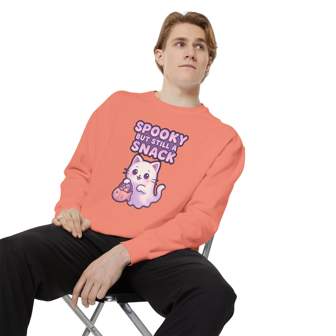 Spooky Snack Sweatshirt Featuring a Cute Ghost Cat Holding a Candy Basket with a Humorous Slogan