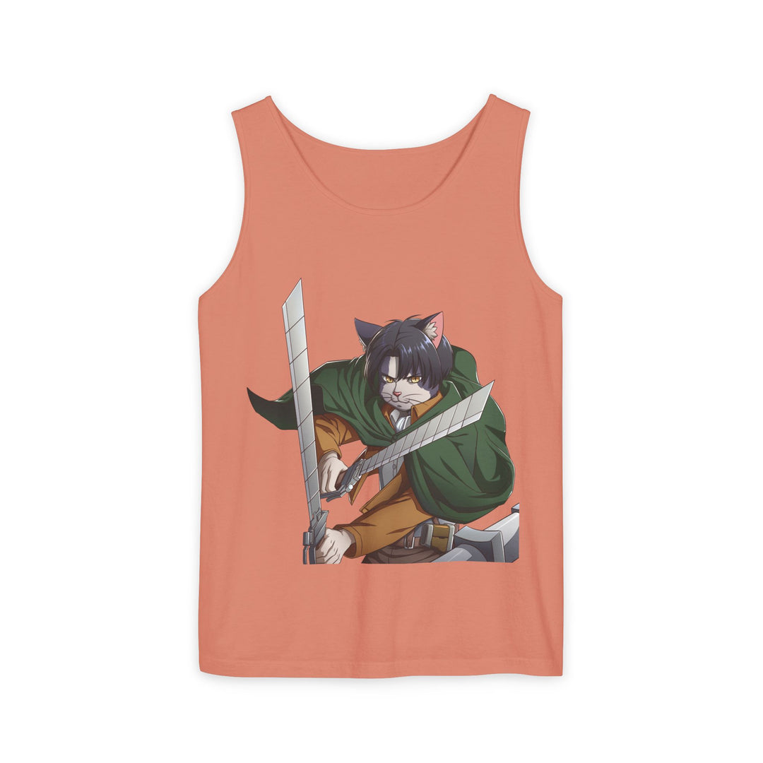Anime Cat Warrior Tank Top, Unisex Graphic Tee, Cute Anime Apparel, Summer Fashion, Gift for Anime Fans
