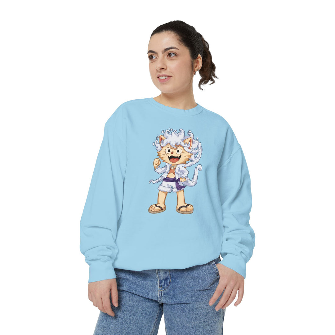 Cute Cat Character Sweatshirt Featuring a Whimsical Feline in a Cheerful Anime Inspired Pose for Fans of Unique Graphics Animal Lover Apparel Fun Fashion Casual Wear