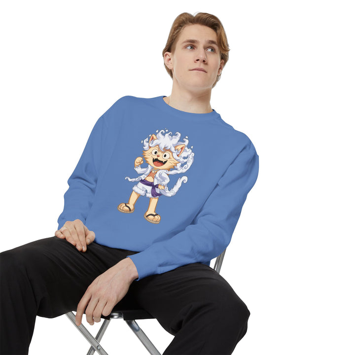 Cute Cat Character Sweatshirt Featuring a Whimsical Feline in a Cheerful Anime Inspired Pose for Fans of Unique Graphics Animal Lover Apparel Fun Fashion Casual Wear