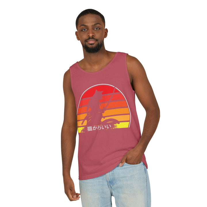 Sunset Cat Tank Top, Unisex Summer Top, Beachwear, Casual Workout Shirt, Gift for Cat Lovers
