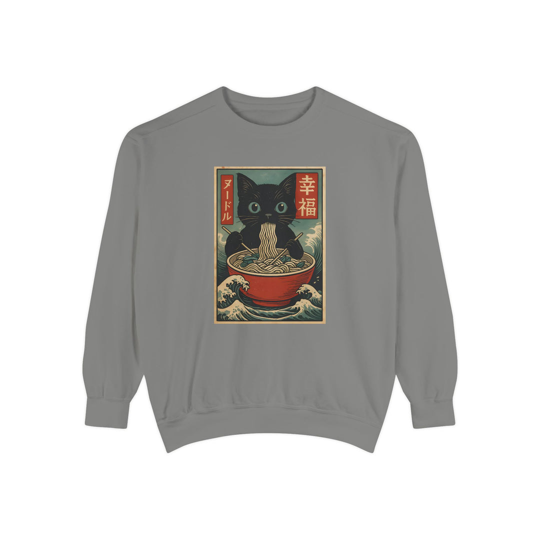 Japanese-Inspired Cat Sweatshirt Featuring a Black Cat Eating Ramen in a Classic Ukiyo-e Woodblock Art Style Cozy Unisex Sweater Cute Gift for Cat Lovers Casual Lounge Wear Perfect for Fall