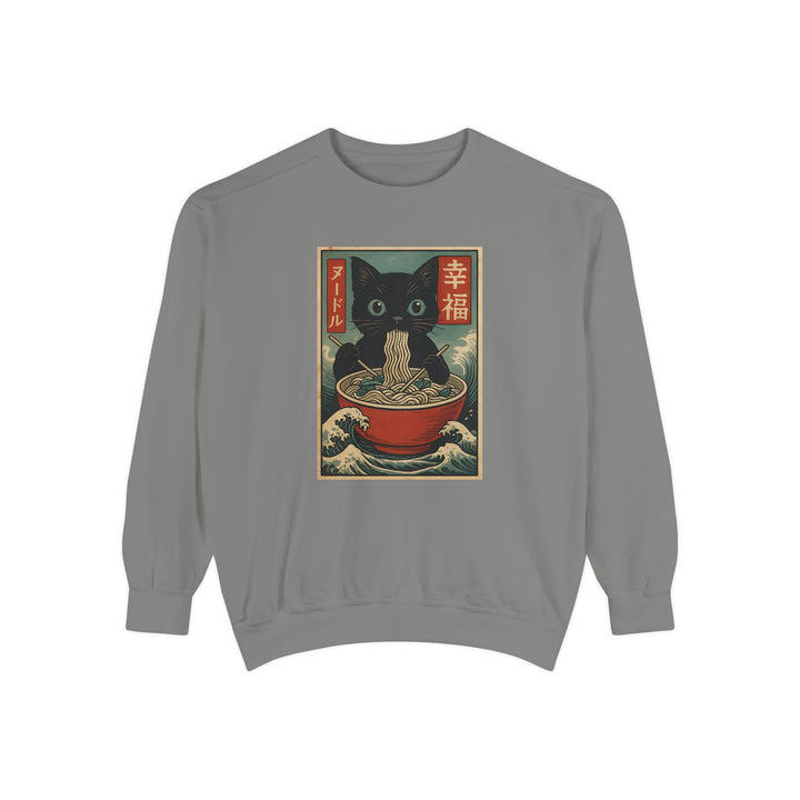 Japanese-Inspired Cat Sweatshirt Featuring a Black Cat Eating Ramen in a Classic Ukiyo-e Woodblock Art Style Cozy Unisex Sweater Cute Gift for Cat Lovers Casual Lounge Wear Perfect for Fall