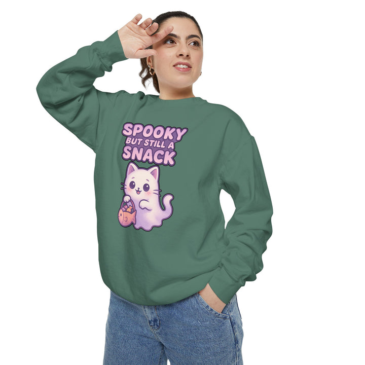 Spooky Snack Sweatshirt Featuring a Cute Ghost Cat Holding a Candy Basket with a Humorous Slogan