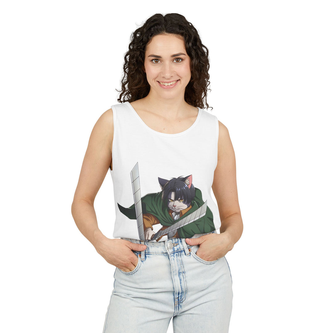 Anime Cat Warrior Tank Top, Unisex Graphic Tee, Cute Anime Apparel, Summer Fashion, Gift for Anime Fans
