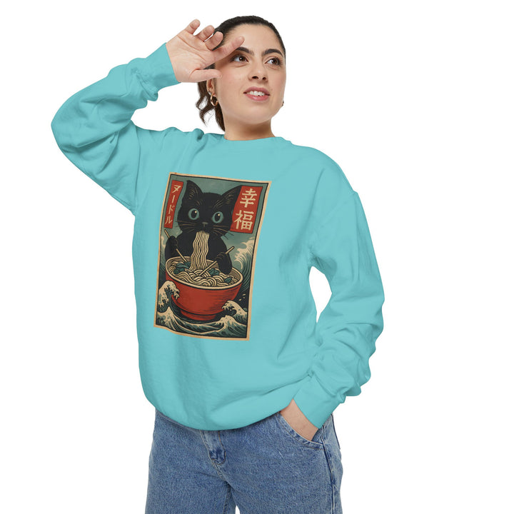 Japanese-Inspired Cat Sweatshirt Featuring a Black Cat Eating Ramen in a Classic Ukiyo-e Woodblock Art Style Cozy Unisex Sweater Cute Gift for Cat Lovers Casual Lounge Wear Perfect for Fall