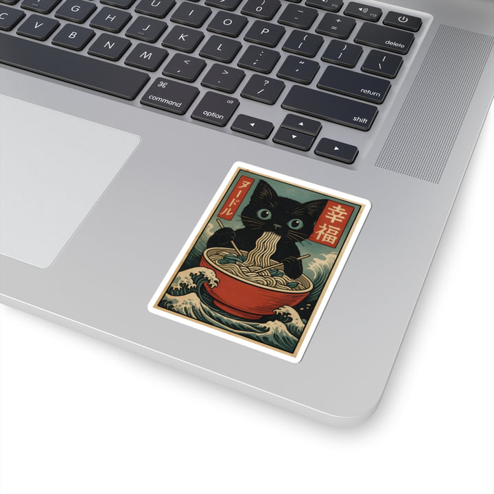 Whimsical Cat Noodle Kiss-Cut Stickers | Cute Black Cat, Japanese Art, Laptop Decals, Planner Stickers, Cat Lover Gift