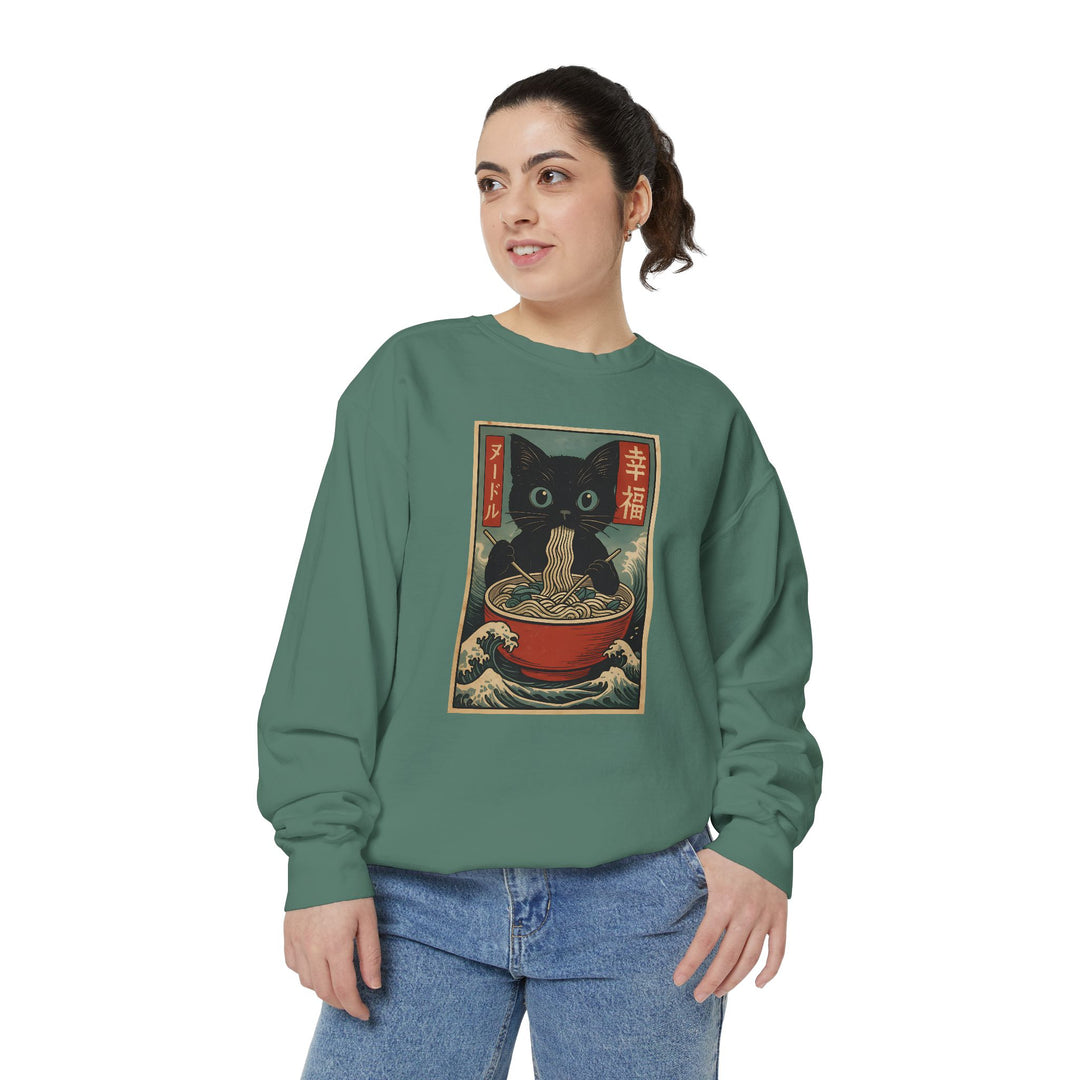 Japanese-Inspired Cat Sweatshirt Featuring a Black Cat Eating Ramen in a Classic Ukiyo-e Woodblock Art Style Cozy Unisex Sweater Cute Gift for Cat Lovers Casual Lounge Wear Perfect for Fall
