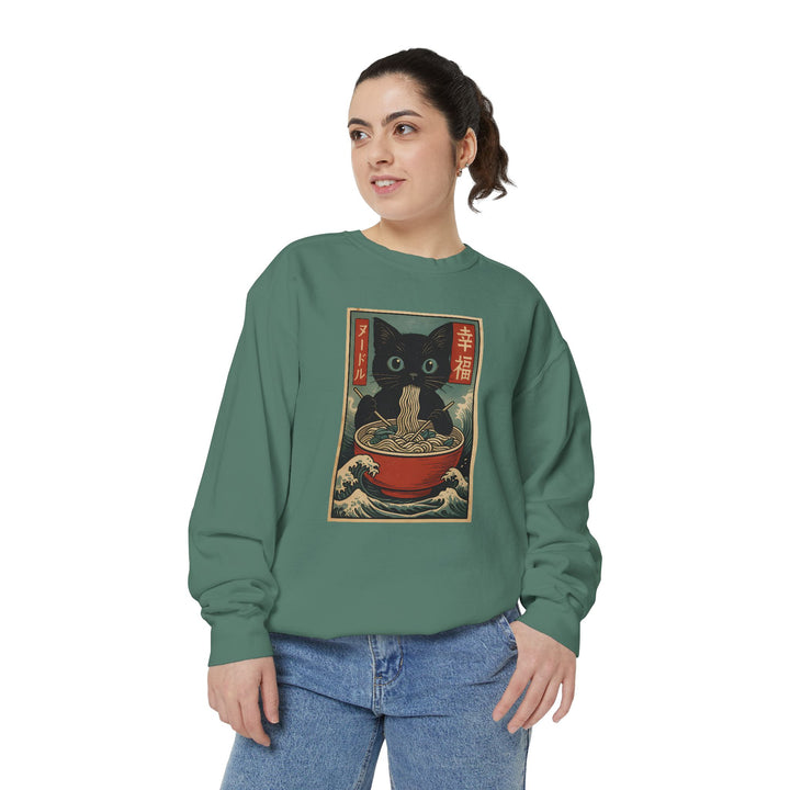 Japanese-Inspired Cat Sweatshirt Featuring a Black Cat Eating Ramen in a Classic Ukiyo-e Woodblock Art Style Cozy Unisex Sweater Cute Gift for Cat Lovers Casual Lounge Wear Perfect for Fall