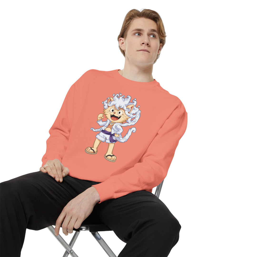 Cute Cat Character Sweatshirt Featuring a Whimsical Feline in a Cheerful Anime Inspired Pose for Fans of Unique Graphics Animal Lover Apparel Fun Fashion Casual Wear