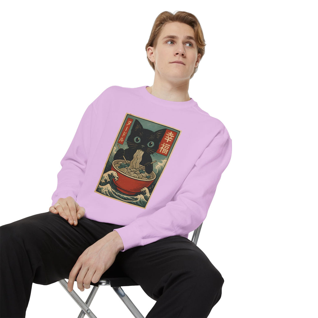 Japanese-Inspired Cat Sweatshirt Featuring a Black Cat Eating Ramen in a Classic Ukiyo-e Woodblock Art Style Cozy Unisex Sweater Cute Gift for Cat Lovers Casual Lounge Wear Perfect for Fall