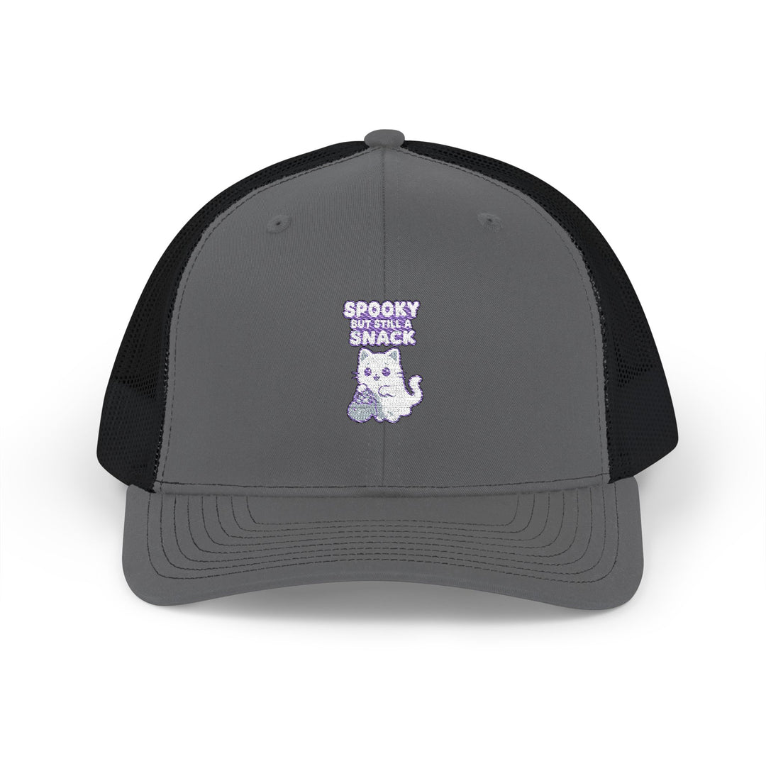Spooky Snack Snapback Trucker Cap | Funny Hat for Halloween, Cool Gift for Pet Lovers, Embroidered Cap, Casual Summer Accessory, Outdoor Cap