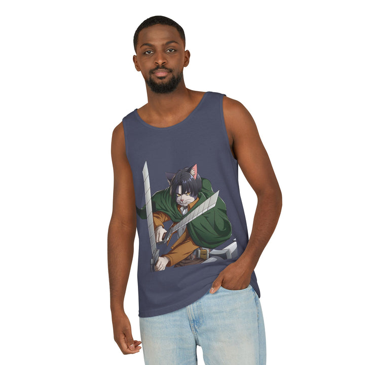Anime Cat Warrior Tank Top, Unisex Graphic Tee, Cute Anime Apparel, Summer Fashion, Gift for Anime Fans