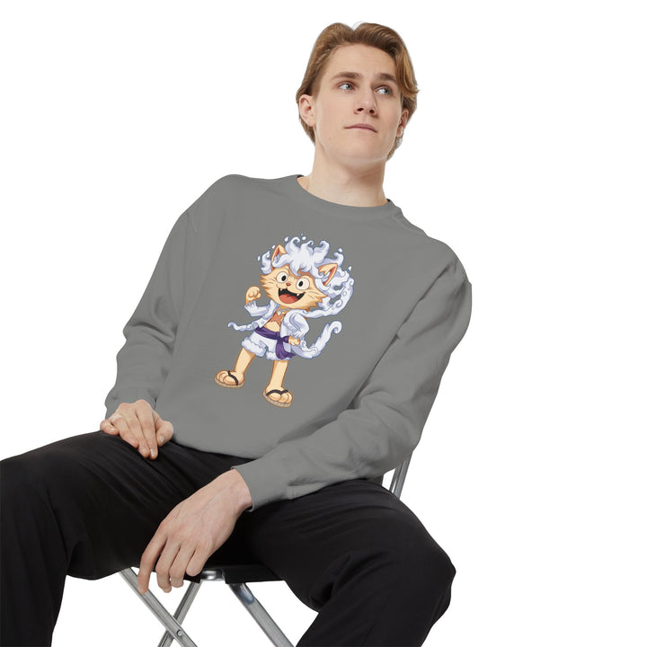 Cute Cat Character Sweatshirt Featuring a Whimsical Feline in a Cheerful Anime Inspired Pose for Fans of Unique Graphics Animal Lover Apparel Fun Fashion Casual Wear