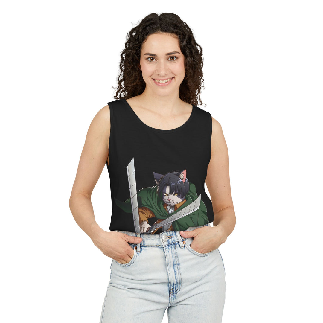 Anime Cat Warrior Tank Top, Unisex Graphic Tee, Cute Anime Apparel, Summer Fashion, Gift for Anime Fans