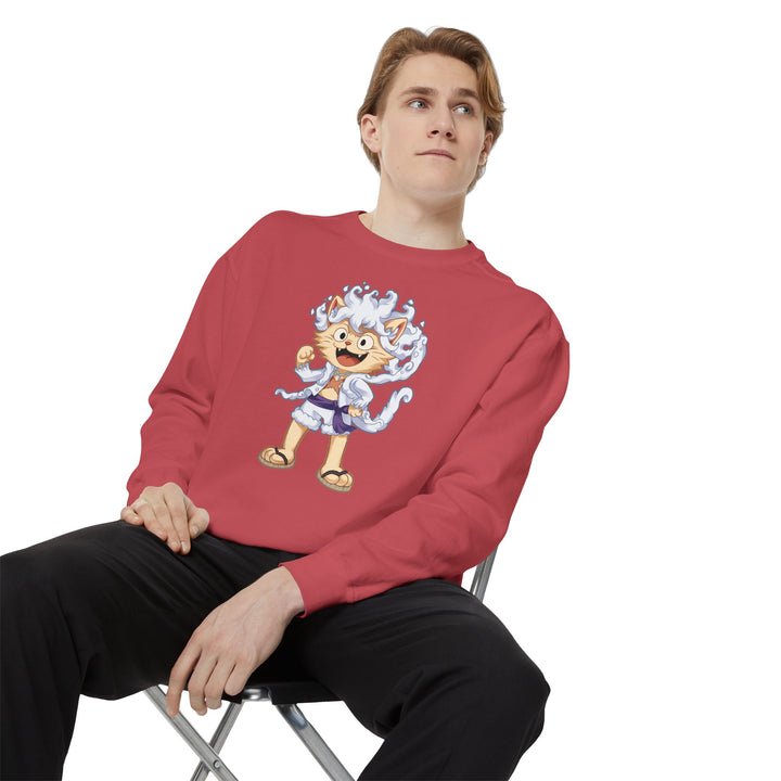 Cute Cat Character Sweatshirt Featuring a Whimsical Feline in a Cheerful Anime Inspired Pose for Fans of Unique Graphics Animal Lover Apparel Fun Fashion Casual Wear