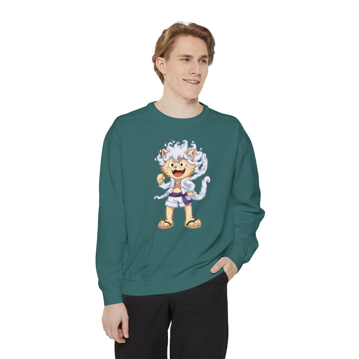 Cute Cat Character Sweatshirt Featuring a Whimsical Feline in a Cheerful Anime Inspired Pose for Fans of Unique Graphics Animal Lover Apparel Fun Fashion Casual Wear