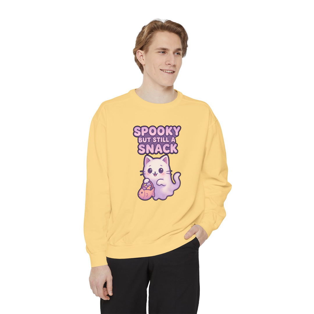Spooky Snack Sweatshirt Featuring a Cute Ghost Cat Holding a Candy Basket with a Humorous Slogan