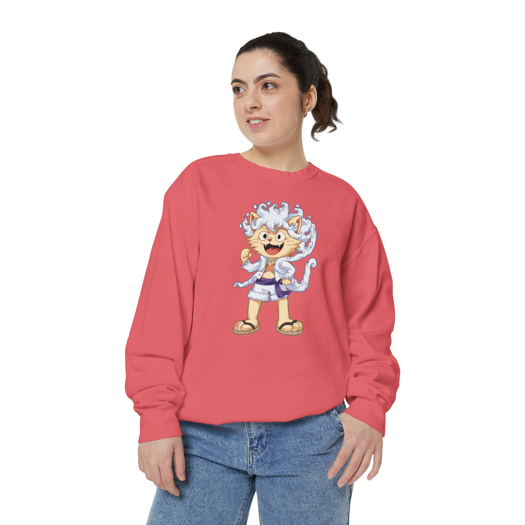 Cute Cat Character Sweatshirt Featuring a Whimsical Feline in a Cheerful Anime Inspired Pose for Fans of Unique Graphics Animal Lover Apparel Fun Fashion Casual Wear