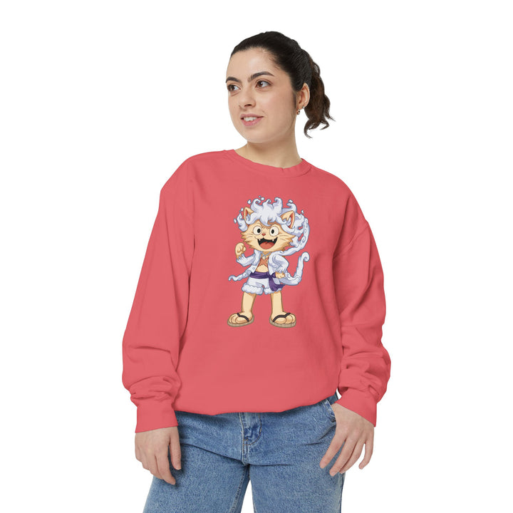 Cute Cat Character Sweatshirt Featuring a Whimsical Feline in a Cheerful Anime Inspired Pose for Fans of Unique Graphics Animal Lover Apparel Fun Fashion Casual Wear