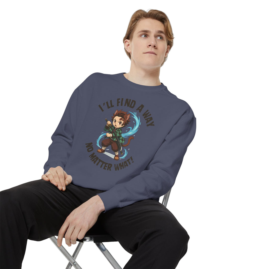 Motivational Unisex Sweatshirt with an Anime-Inspired Cat Demon Slayer and the Slogan "I'll Find a Way No Matter What Inspirational Gift Cozy Fashion Everyday Wear Unique Statement Piece