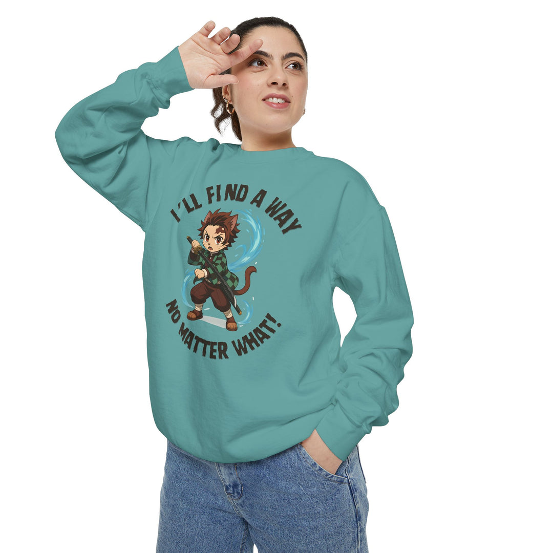 Motivational Unisex Sweatshirt with an Anime-Inspired Cat Demon Slayer and the Slogan "I'll Find a Way No Matter What Inspirational Gift Cozy Fashion Everyday Wear Unique Statement Piece