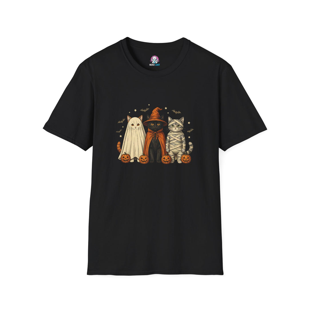 Black T-shirt with ghost, witch and mummy cats, small pumpkins, bats and stars.