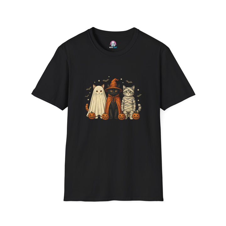 Black T-shirt with ghost, witch and mummy cats, small pumpkins, bats and stars.