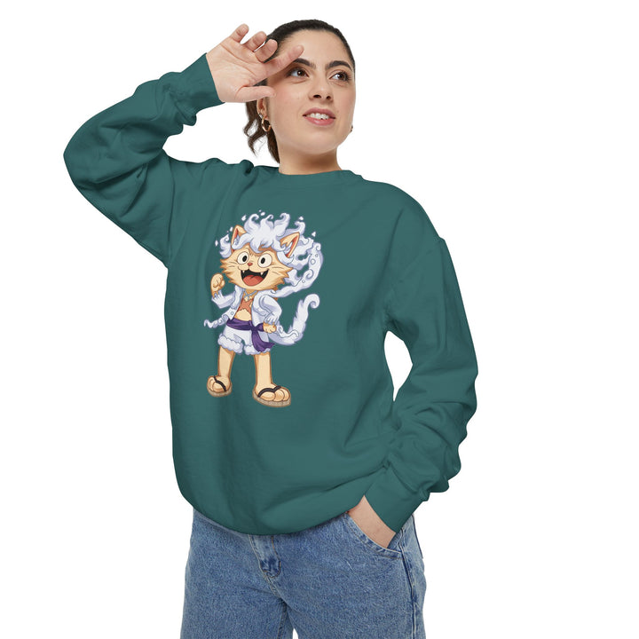 Cute Cat Character Sweatshirt Featuring a Whimsical Feline in a Cheerful Anime Inspired Pose for Fans of Unique Graphics Animal Lover Apparel Fun Fashion Casual Wear