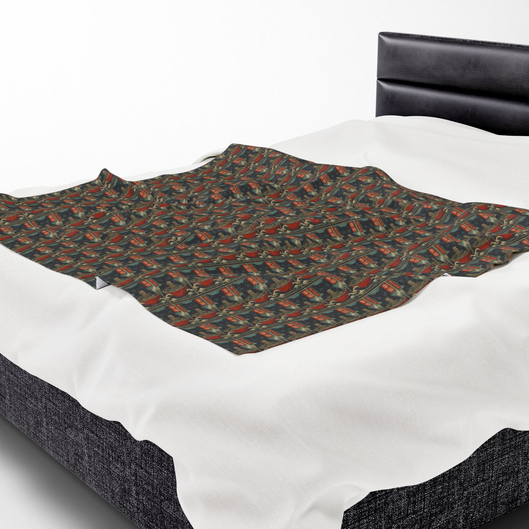 Velveteen Plush Blanket Featuring a Repeating Pattern of a Black Cat Eating Ramen in Ukiyo-e Style