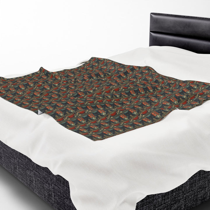 Velveteen Plush Blanket Featuring a Repeating Pattern of a Black Cat Eating Ramen in Ukiyo-e Style