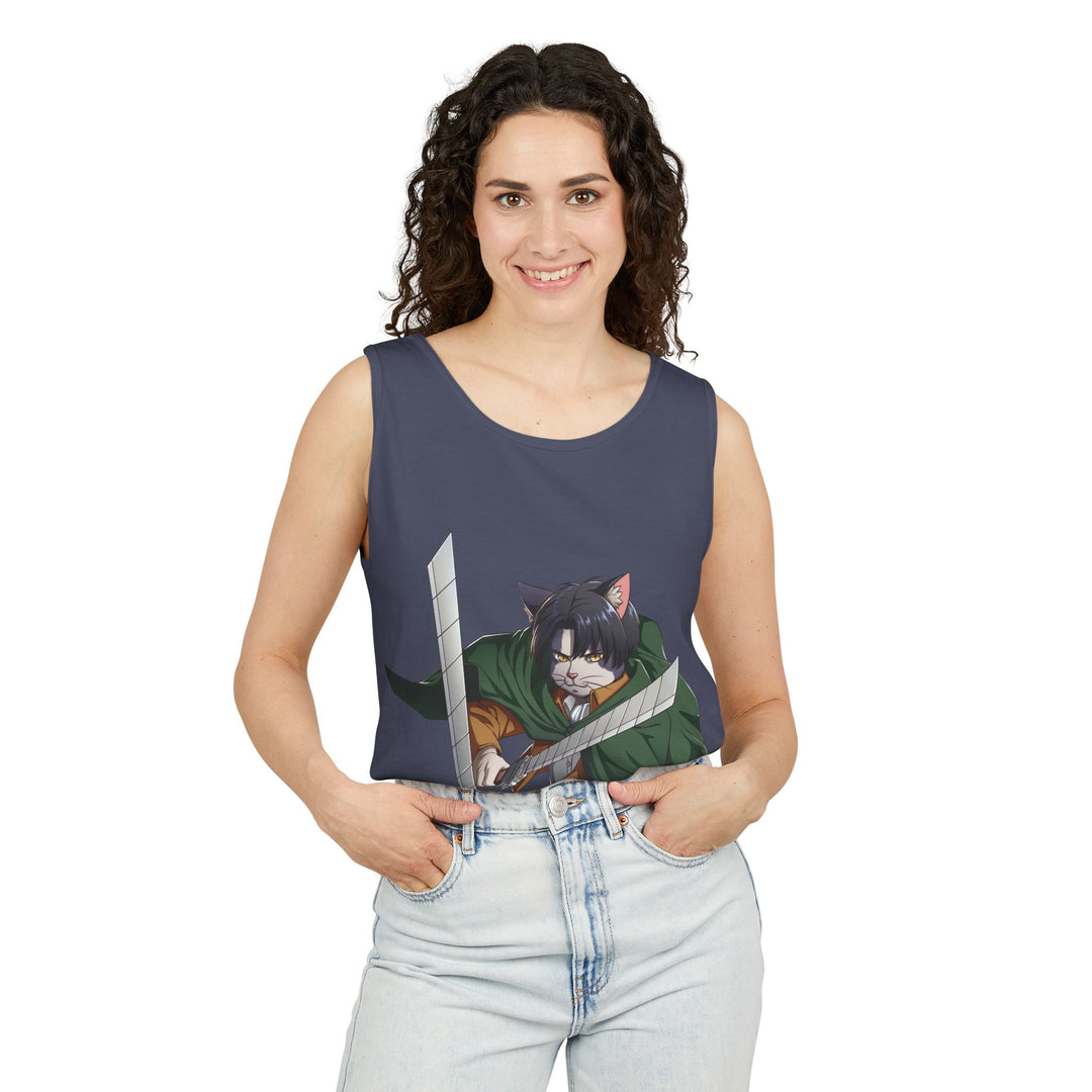 Anime Cat Warrior Tank Top, Unisex Graphic Tee, Cute Anime Apparel, Summer Fashion, Gift for Anime Fans