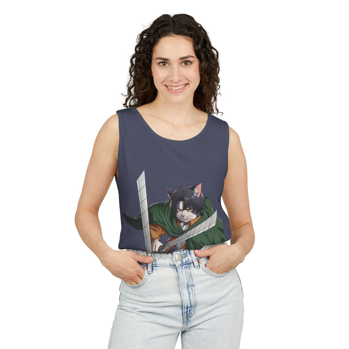Anime Cat Warrior Tank Top, Unisex Graphic Tee, Cute Anime Apparel, Summer Fashion, Gift for Anime Fans
