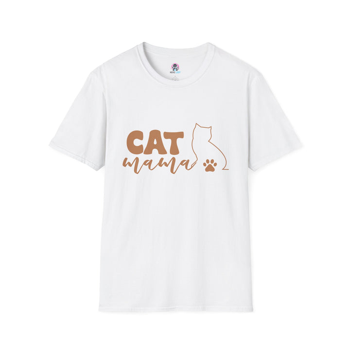 White T-shirt featuring Cat Mama lettering beside a cat outline and paw print.