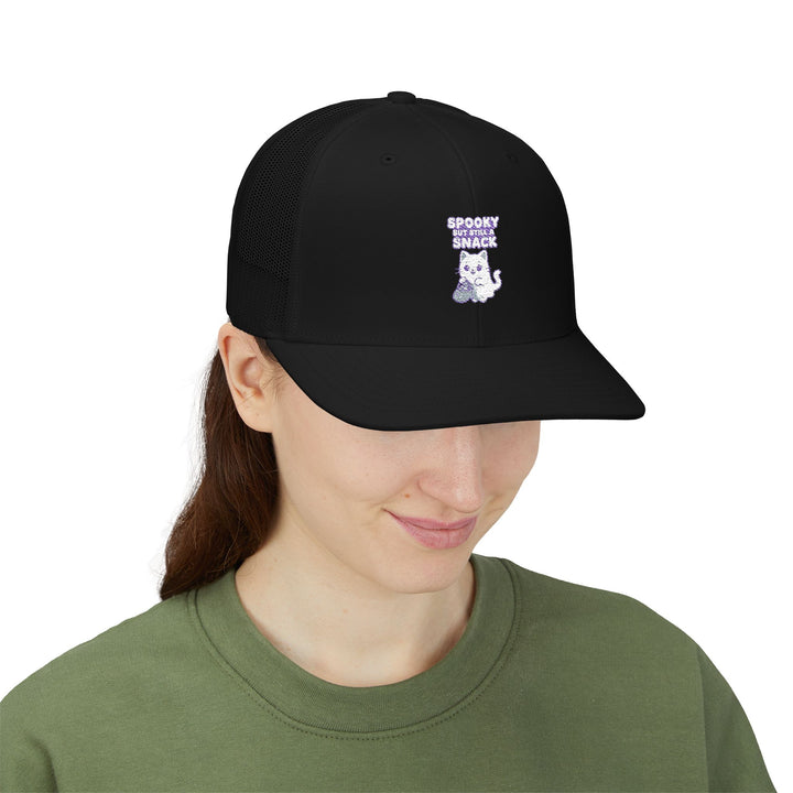 Spooky Snack Snapback Trucker Cap | Funny Hat for Halloween, Cool Gift for Pet Lovers, Embroidered Cap, Casual Summer Accessory, Outdoor Cap